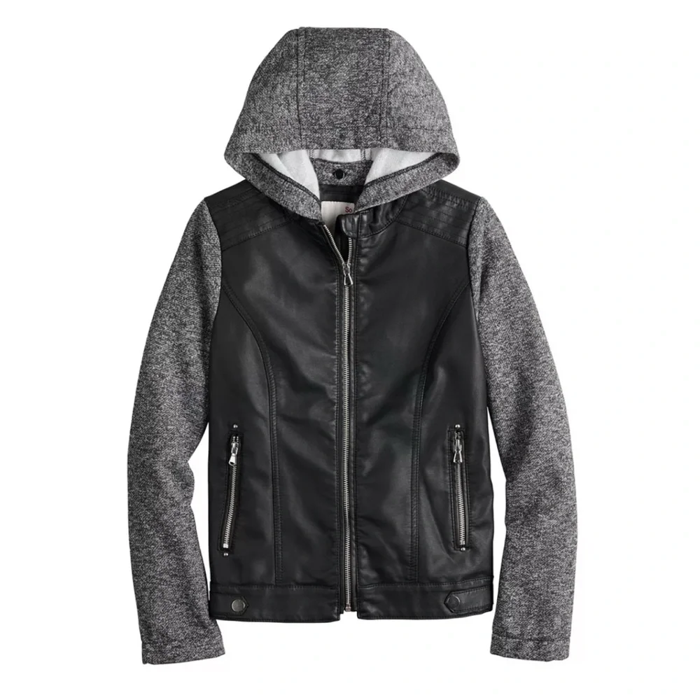 SO Black & Gray Faux-Leather Hooded Zip Up Moto Jacket Girls 10/12